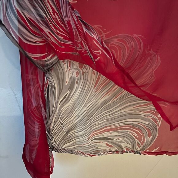 Tysa 100% silk long sleeve Red blouse, 0, XS flutter cuff, deep V open neckline - Picture 3 of 8